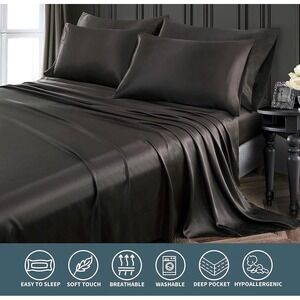 Pothuiny Pure Comfort Black Satin Polyester Sheet Set Deep Pocket Queen‎